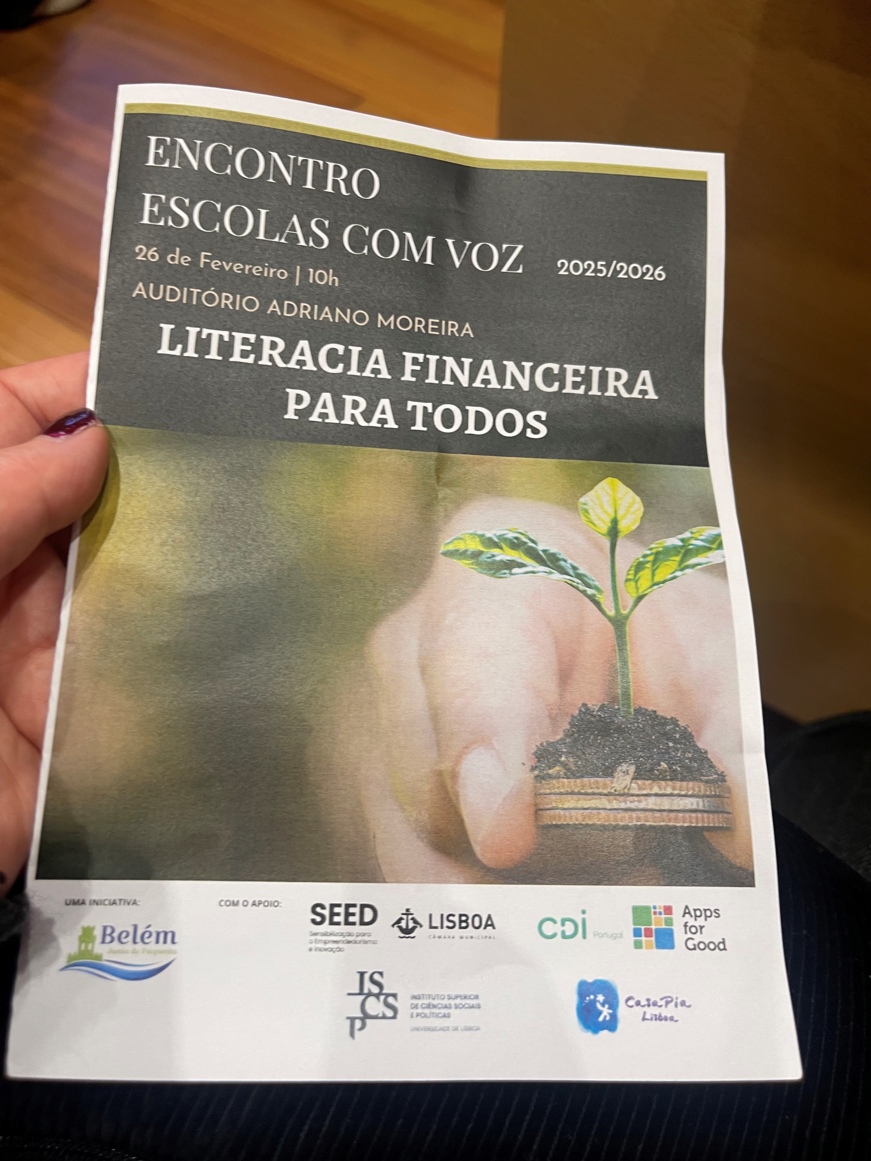 Cartaz do encontro Escolas com Voz sobre literacia financeira