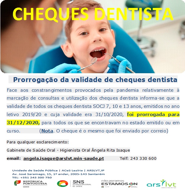 Atenção: alargamento do prazo de utilização do cheque-dentista par os alunos nascidos em 2006, 2009 e 2012